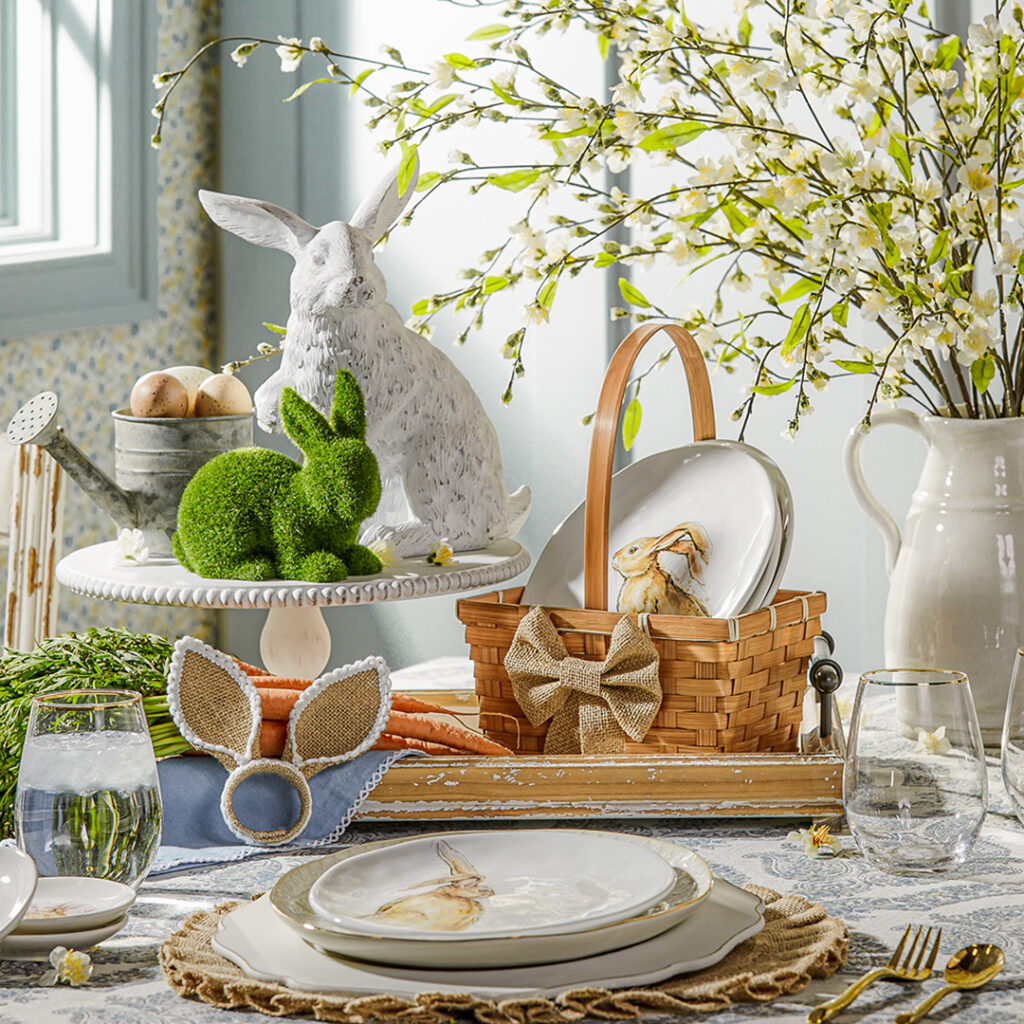 Easter table with rabbit decorations and spring flowers