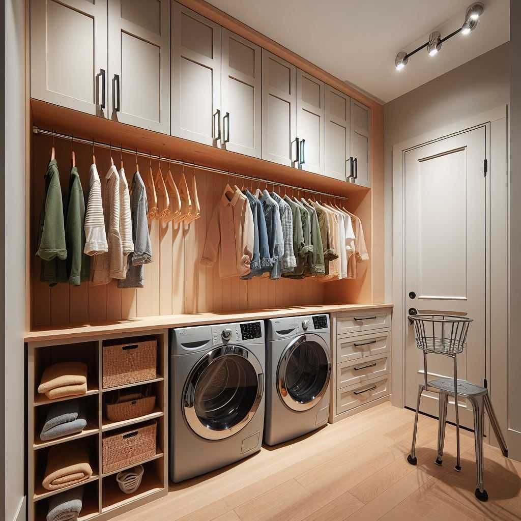 Modern laundry room with built-in storage solutions.