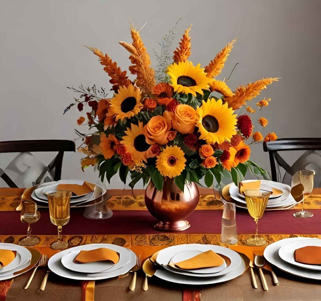 Thanksgiving table with sunflower centerpiece and gold accents