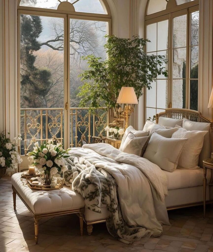 Vintage bedroom with large windows overlooking scenic landscape