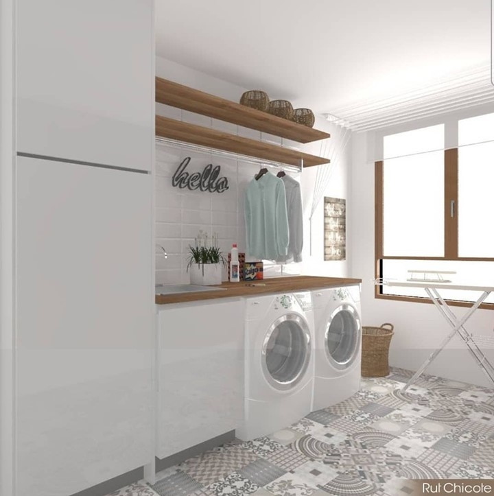 Modern white laundry room with decorative tiles