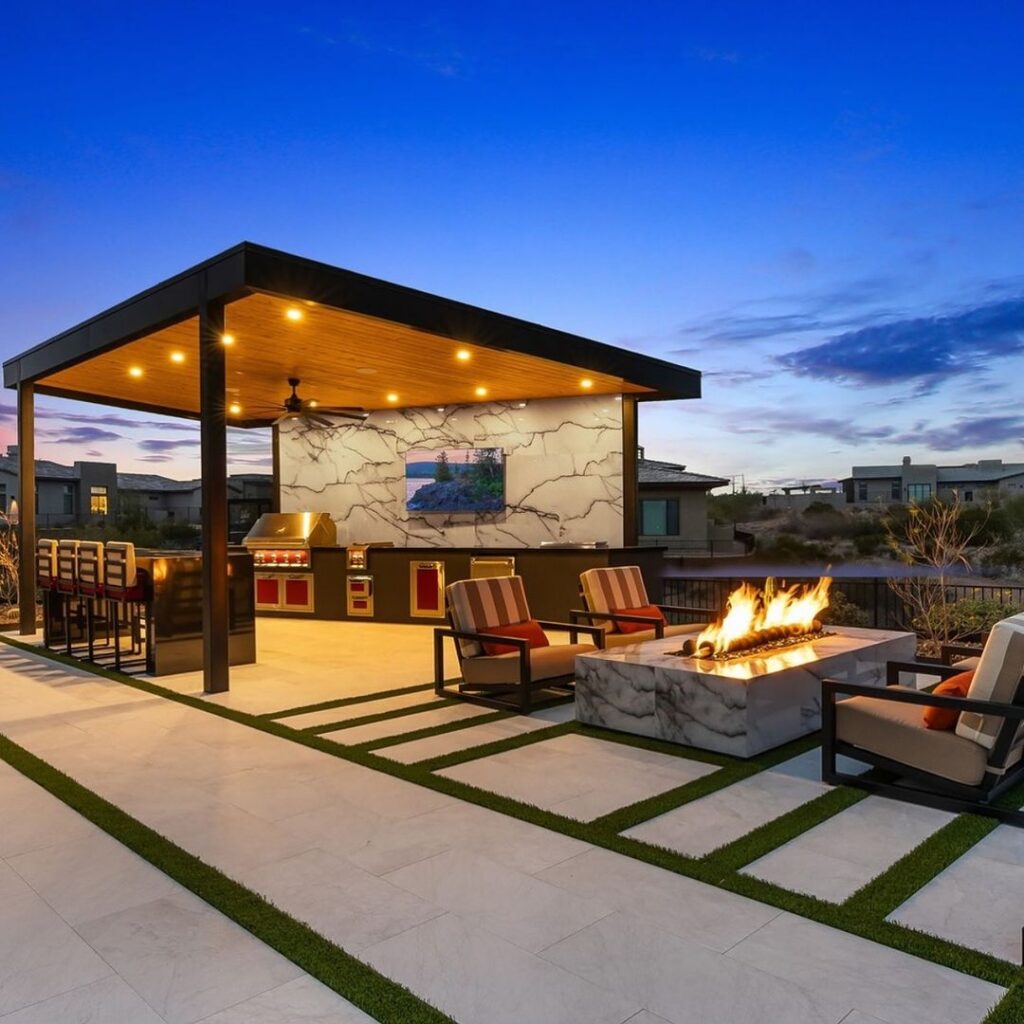 Luxurious backyard patio with kitchen fire pit