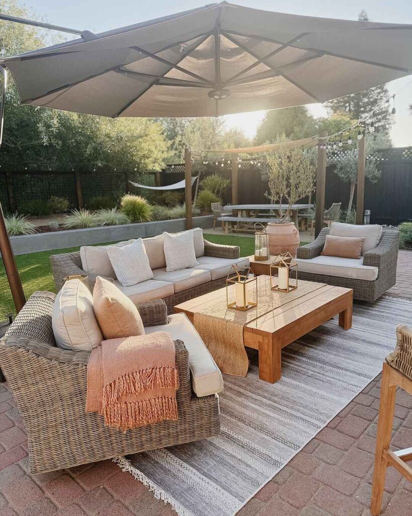 Cozy outdoor living room with wicker furniture umbrella and string lights in landscaped backyard.