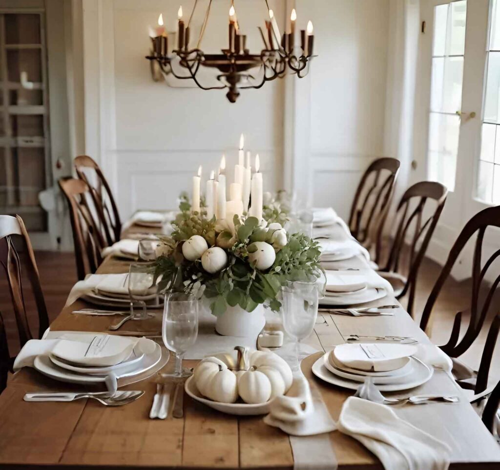 Elegant Thanksgiving table with white pumpkin centerpiece