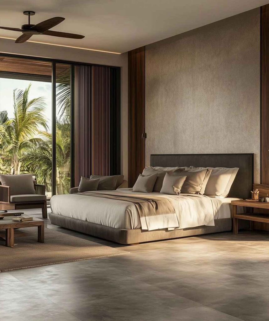 Modern bedroom with palm tree view