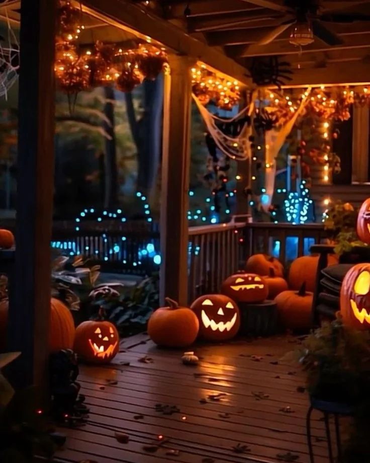 Porch with glowing jack-o'-lanterns and twinkling lights at dusk