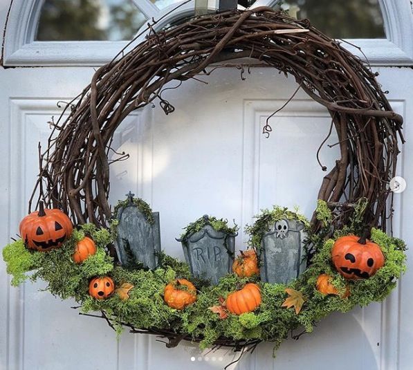 Twig wreath with pumpkins moss and tiny gravestones