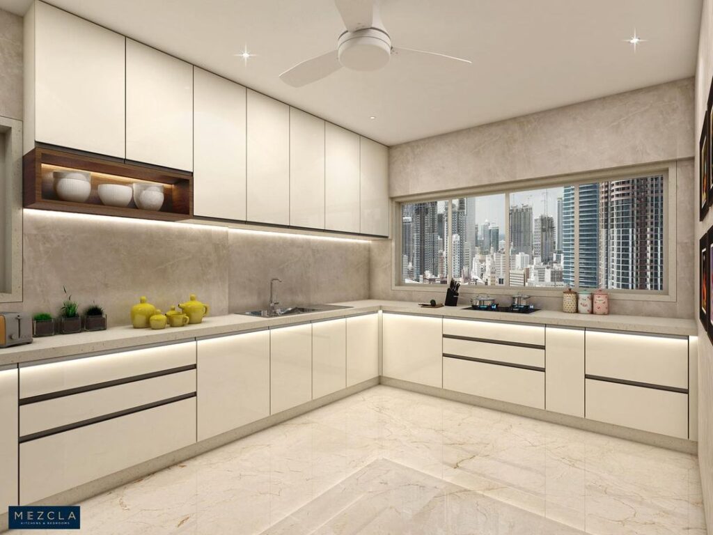 Bright kitchen with panoramic city view white cabinets and marble floors.