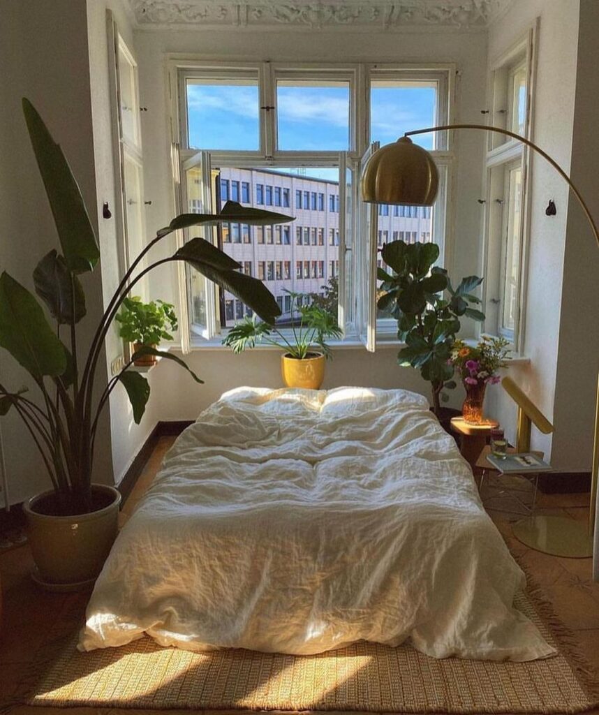 Sunny bedroom with large windows and plants