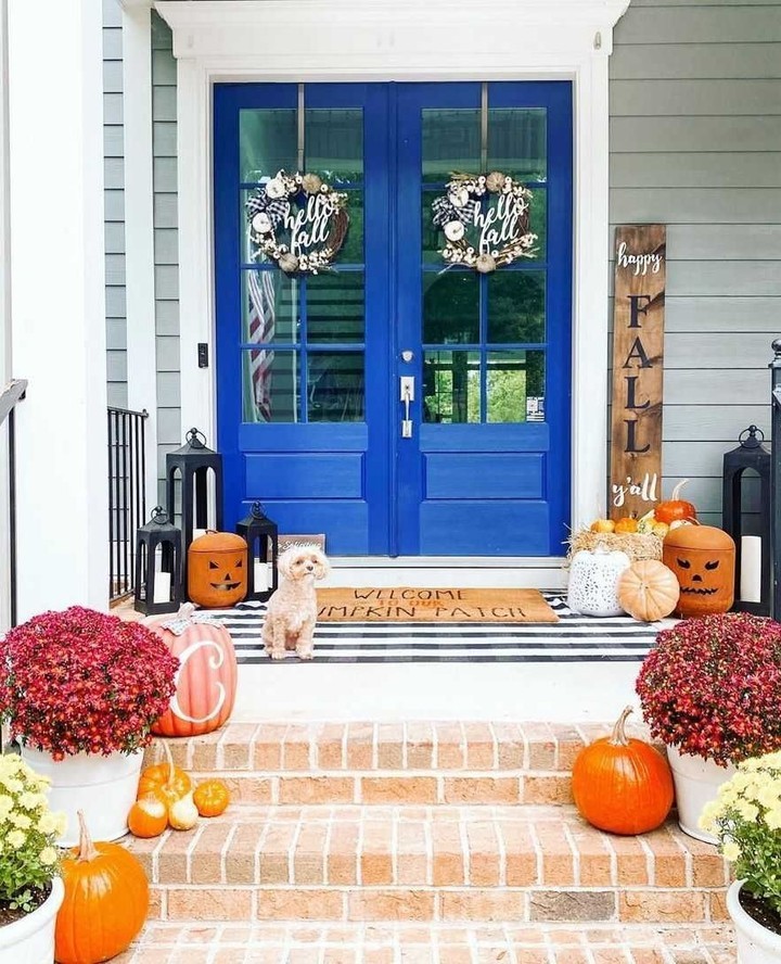 Blue door porch with fall decorations and small dog