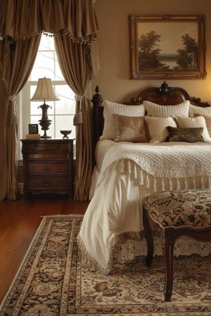 Vintage bedroom with ornate furniture and drapery