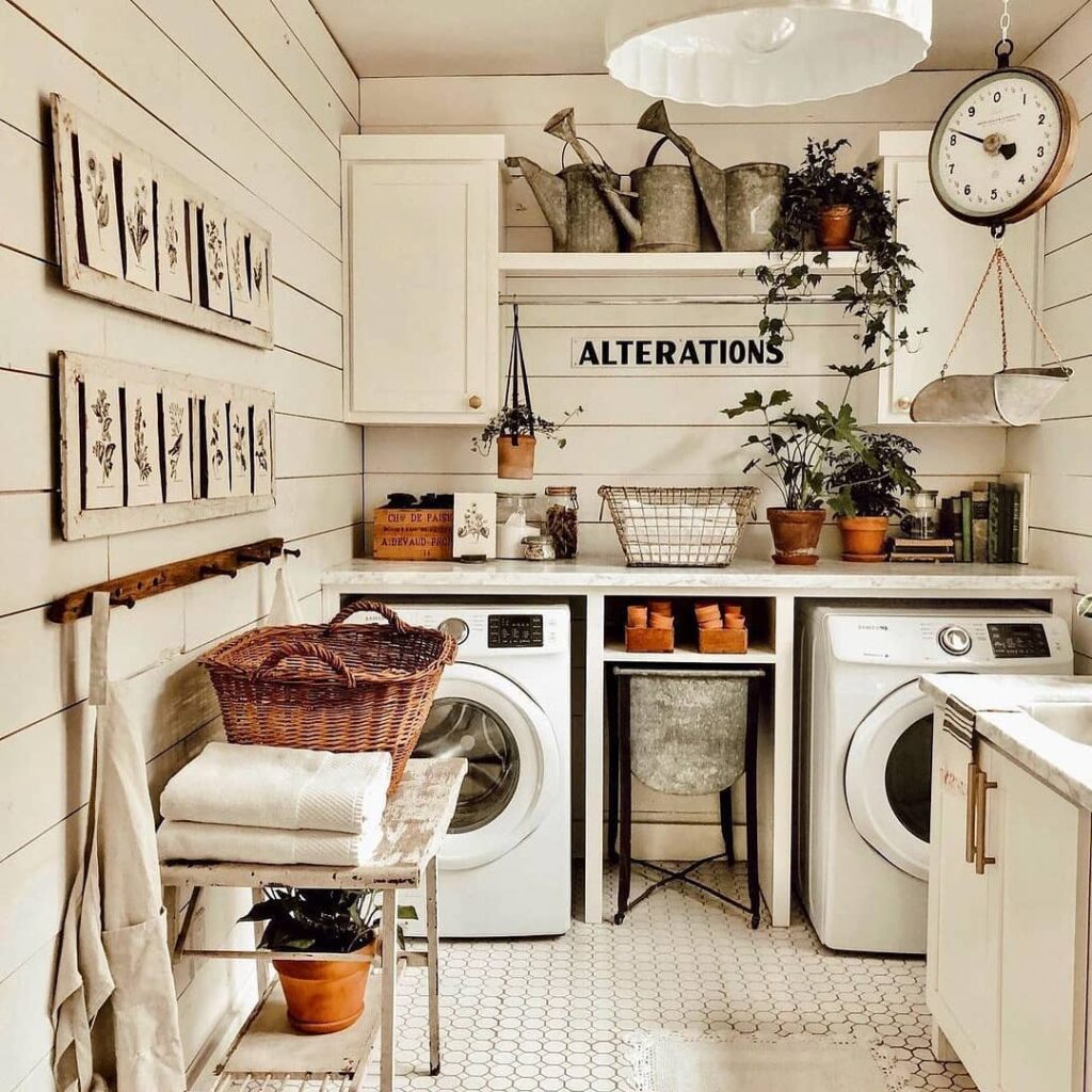 Rustic, plant-filled laundry room with vintage accents.