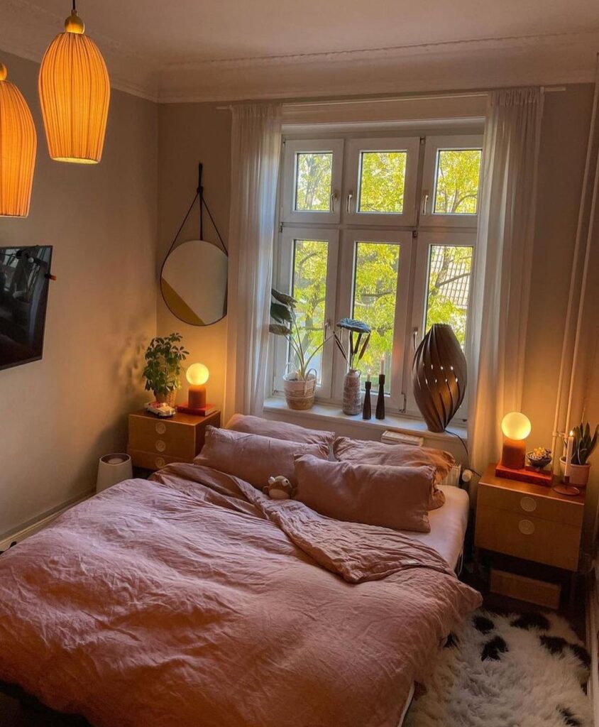 Cozy bedroom with vintage-inspired warm lighting