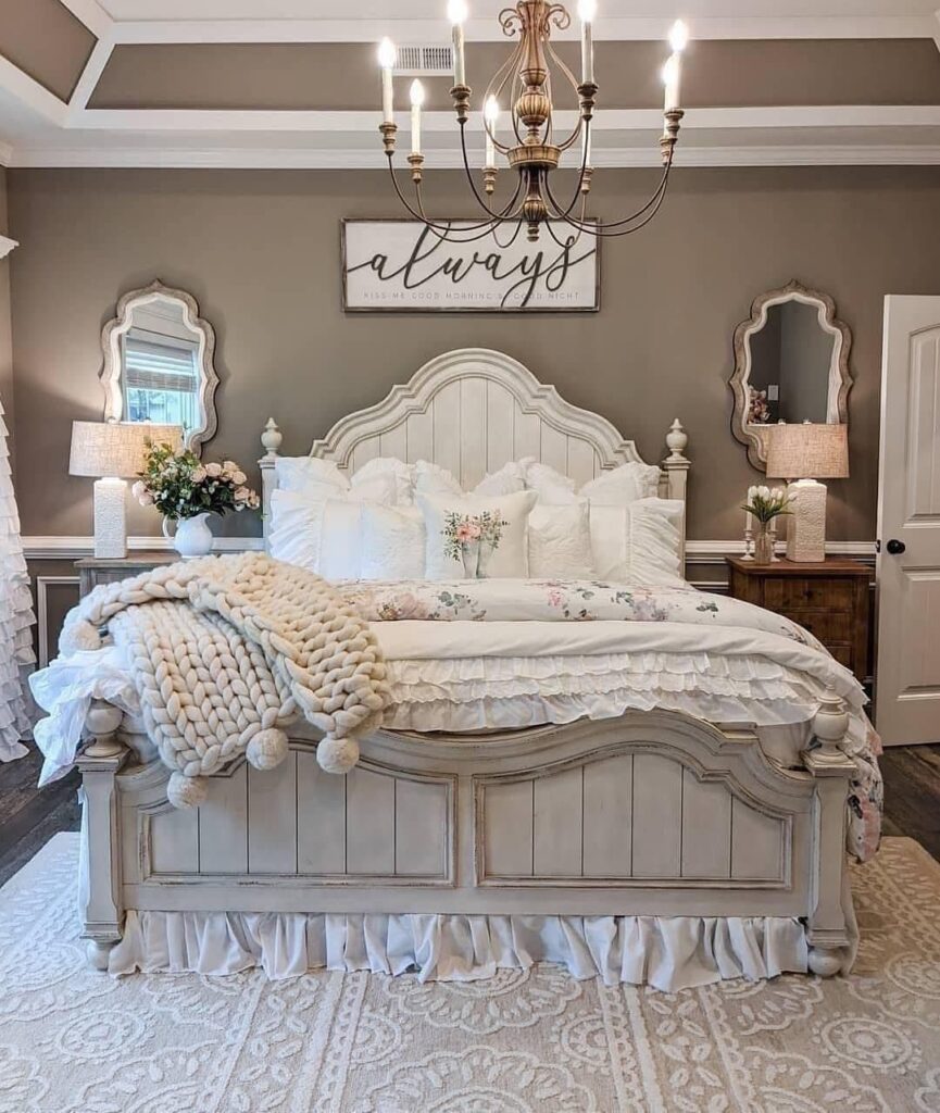 Elegant bedroom with white bed and vintage decor