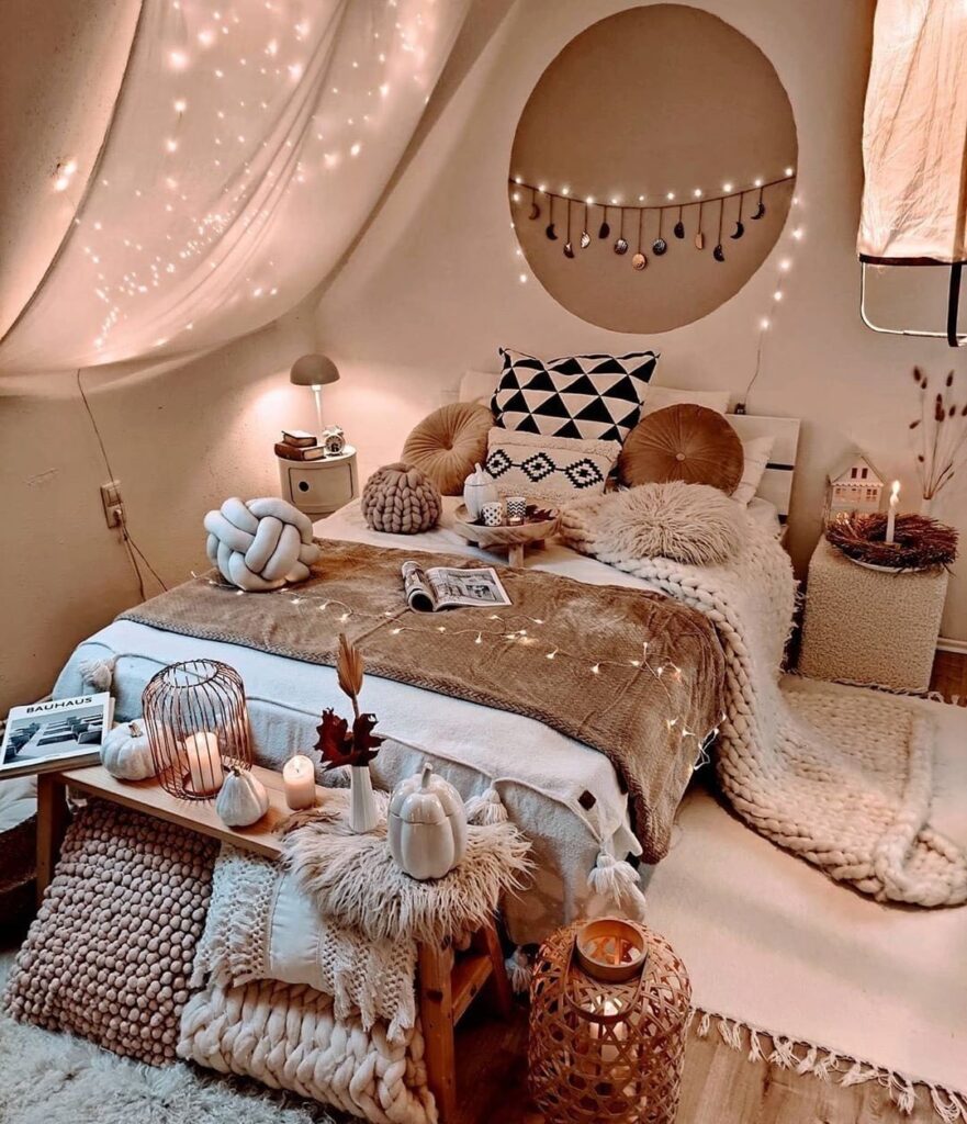 Cozy boho bedroom with twinkling lights