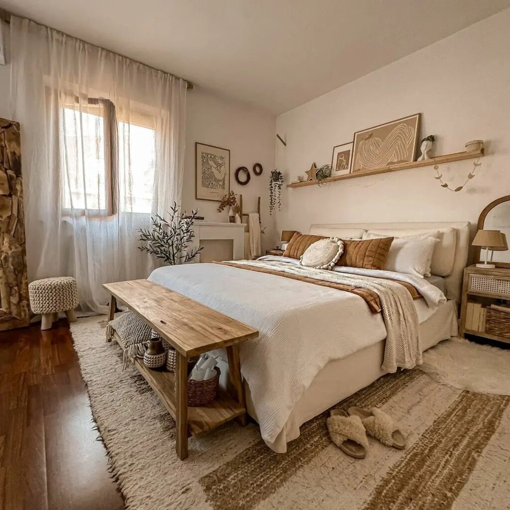 Cozy bedroom with vintage decor and natural textures