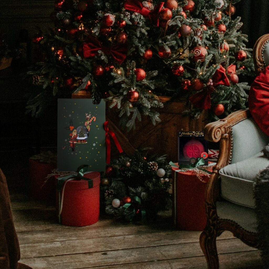 Christmas tree with gifts and vintage chair