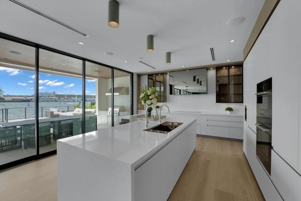 Modern white kitchen with waterfront view