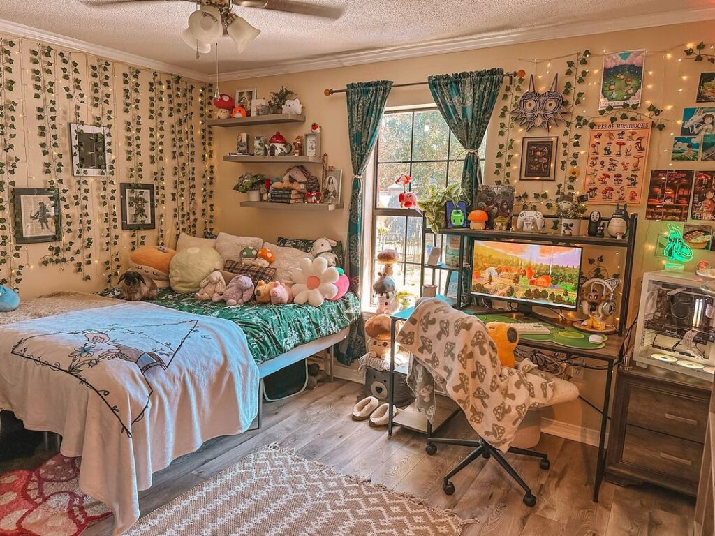 Cozy bedroom filled with plush toys gaming setup and nature-inspired decor.