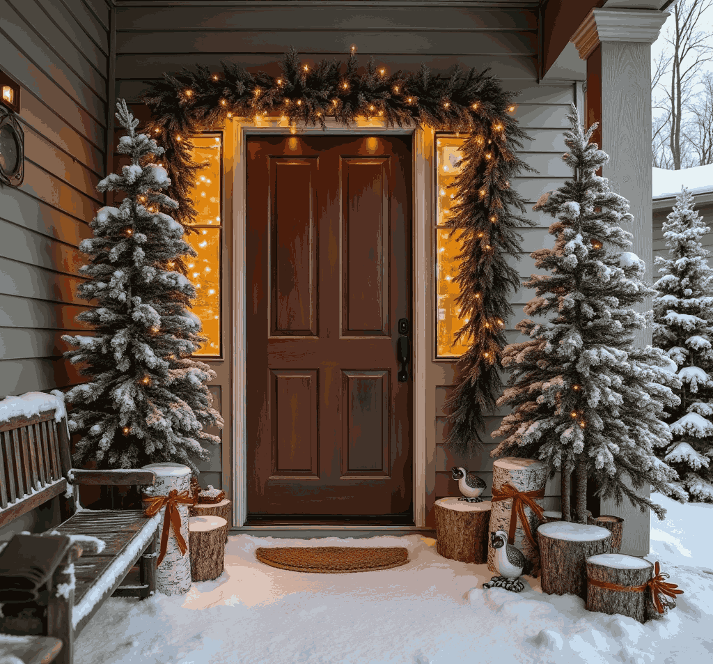 Snow-covered porch with lit Christmas trees and wooden door