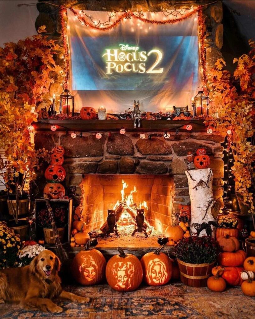 Cozy Halloween fireplace setup for movie night