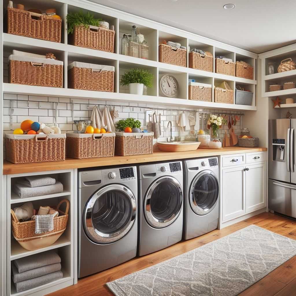 Organized laundry room with wicker baskets and multiple washers