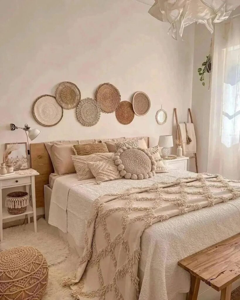 Boho bedroom with woven wall decor and textured bedding