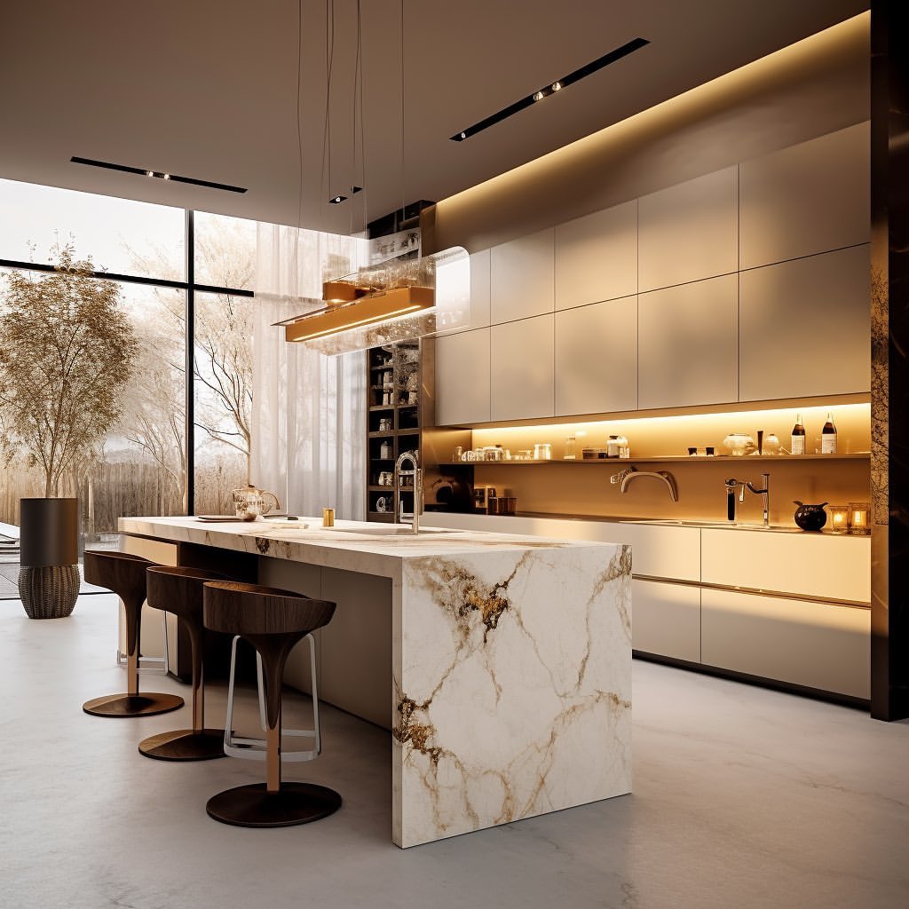 Modern kitchen featuring marble island and panoramic nature view