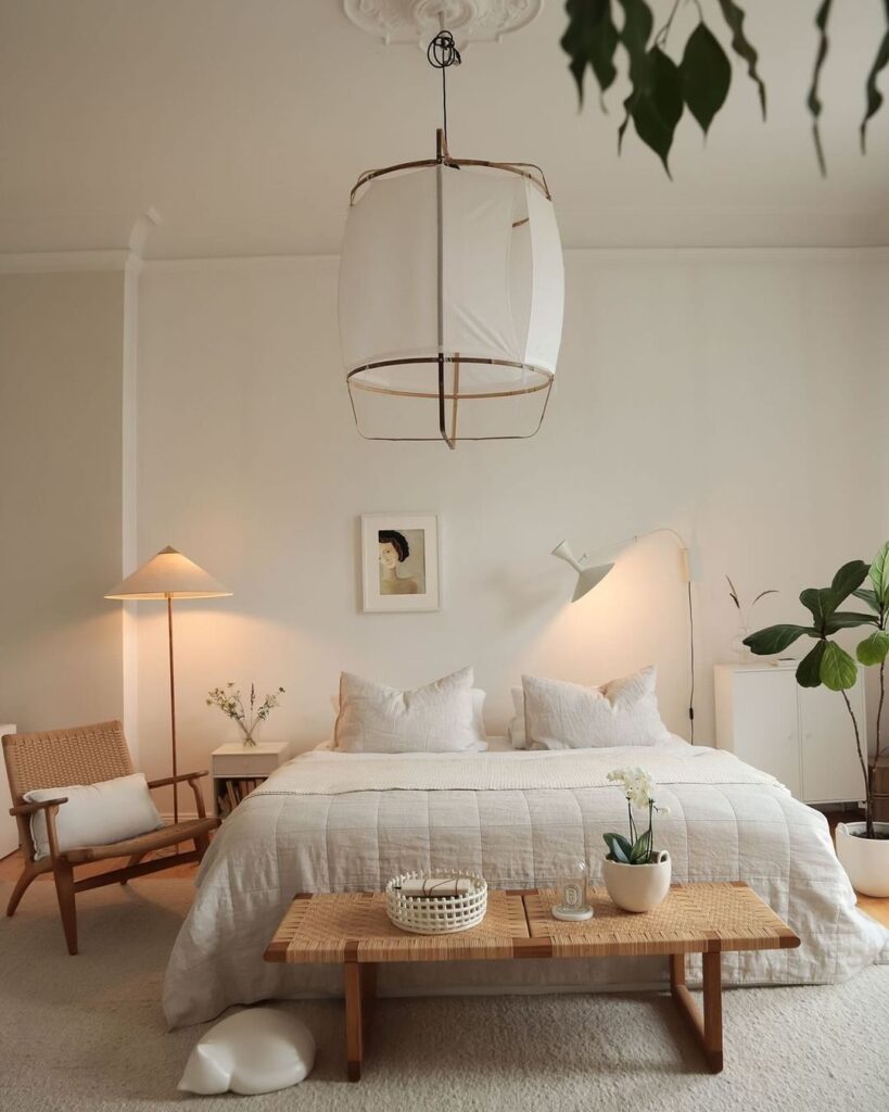 Minimalist bedroom with lantern light and natural textures