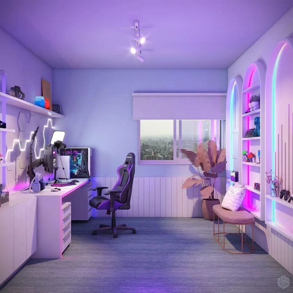 Purple gaming room with neon lights and city view