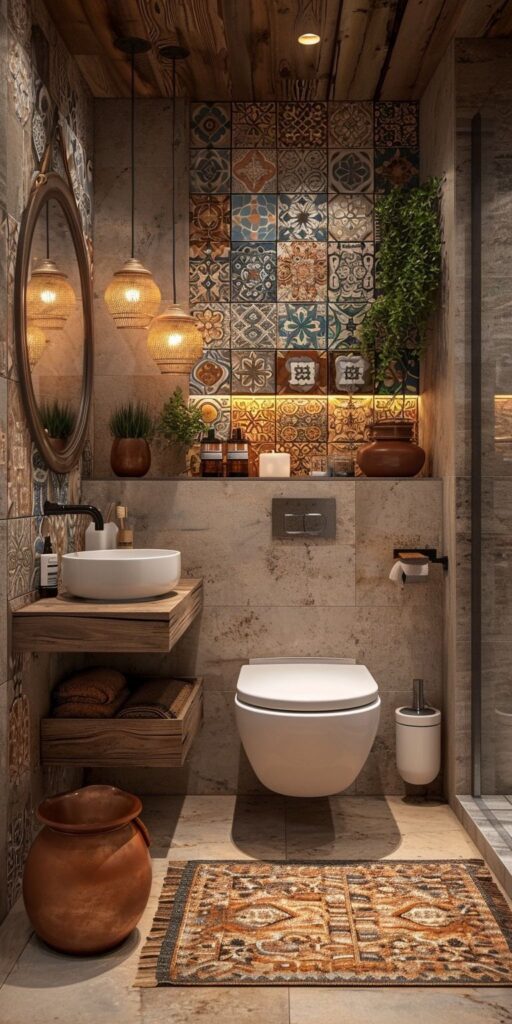 Bohemian bathroom with colorful Moroccan tiles and warm lighting.