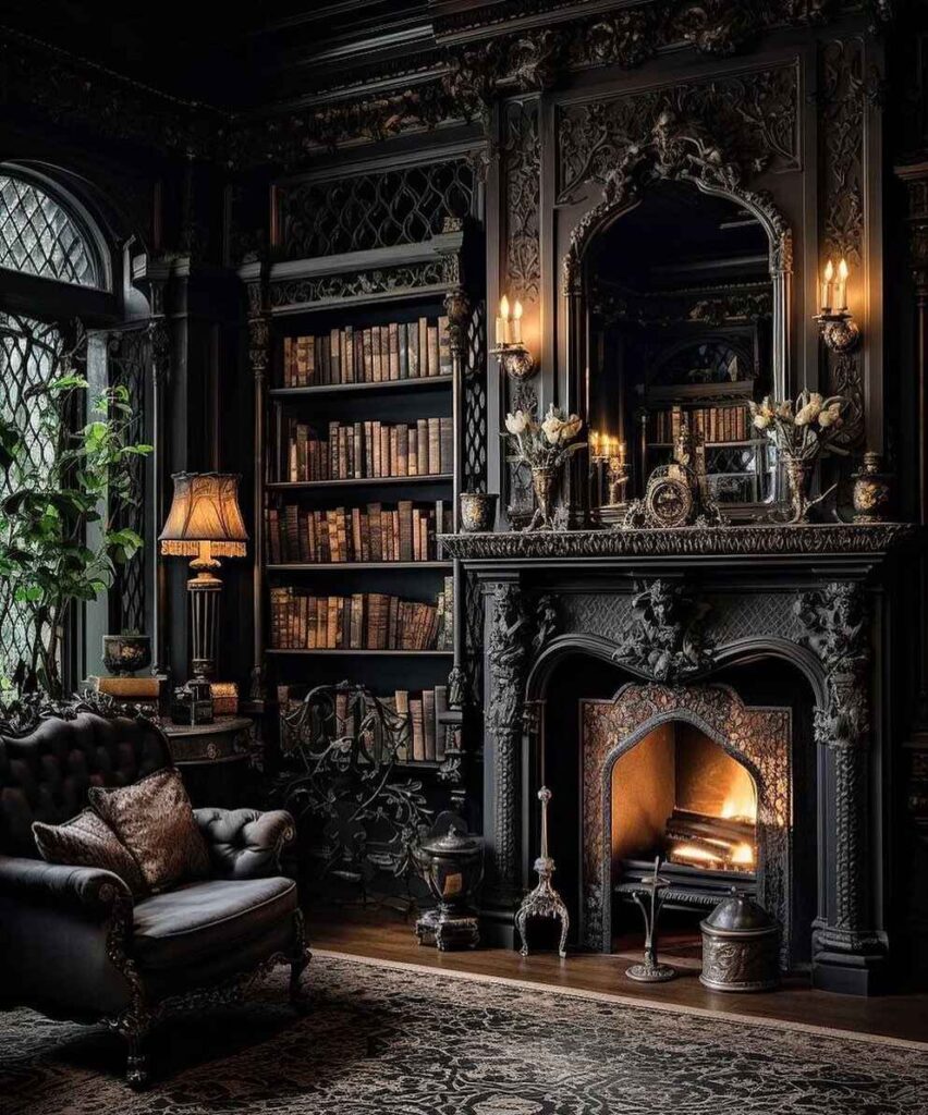 Luxurious gothic library with fireplace, bookshelves, and mystical decor.