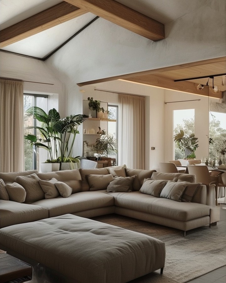 Spacious living room with vaulted ceiling and neutral decor