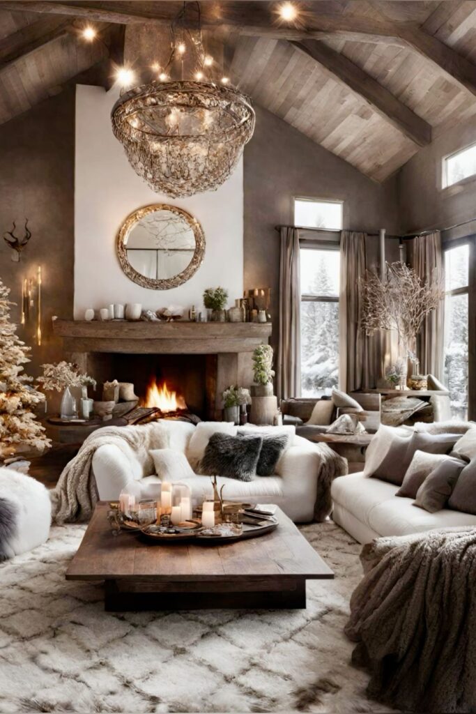 Luxurious living room with vaulted ceiling fireplace and cozy decor.