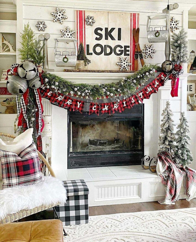 "White fireplace with ski lodge theme and buffalo check Christmas decorations"