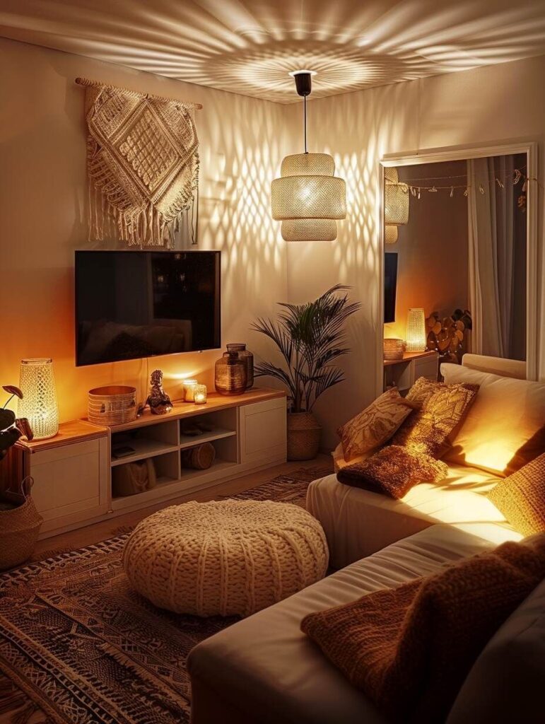 Cozy living room with warm ambient lighting and boho decor