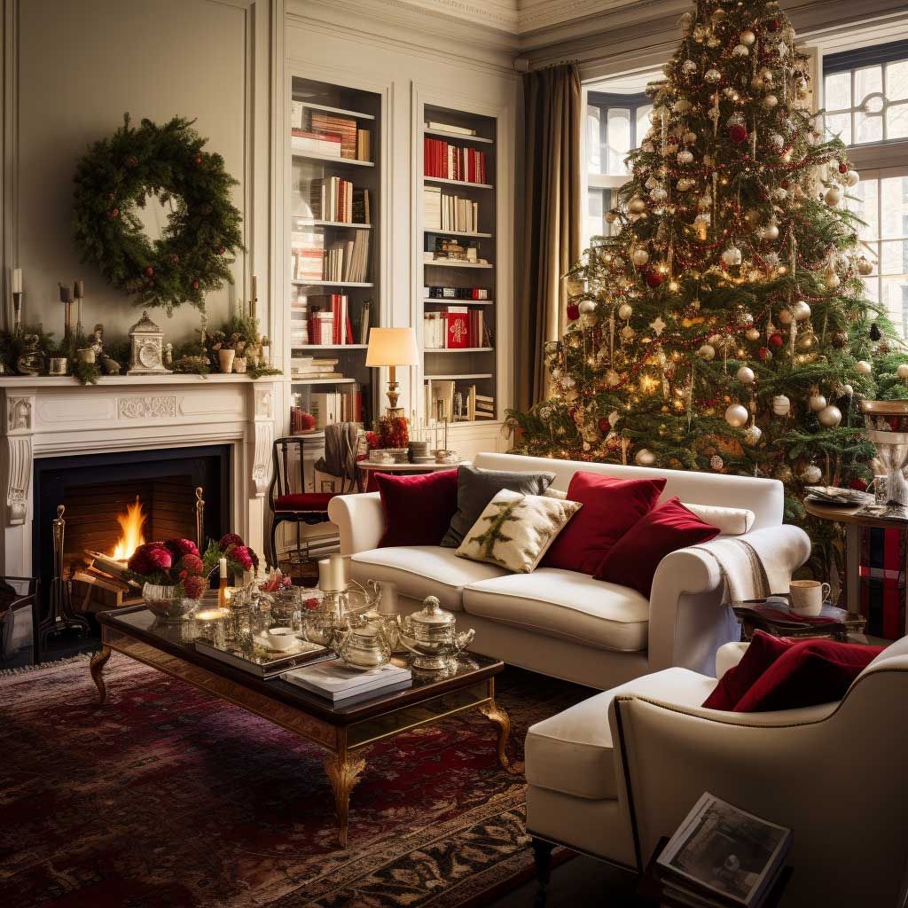 Elegant Christmas living room with silver tea service and decorated fireplace