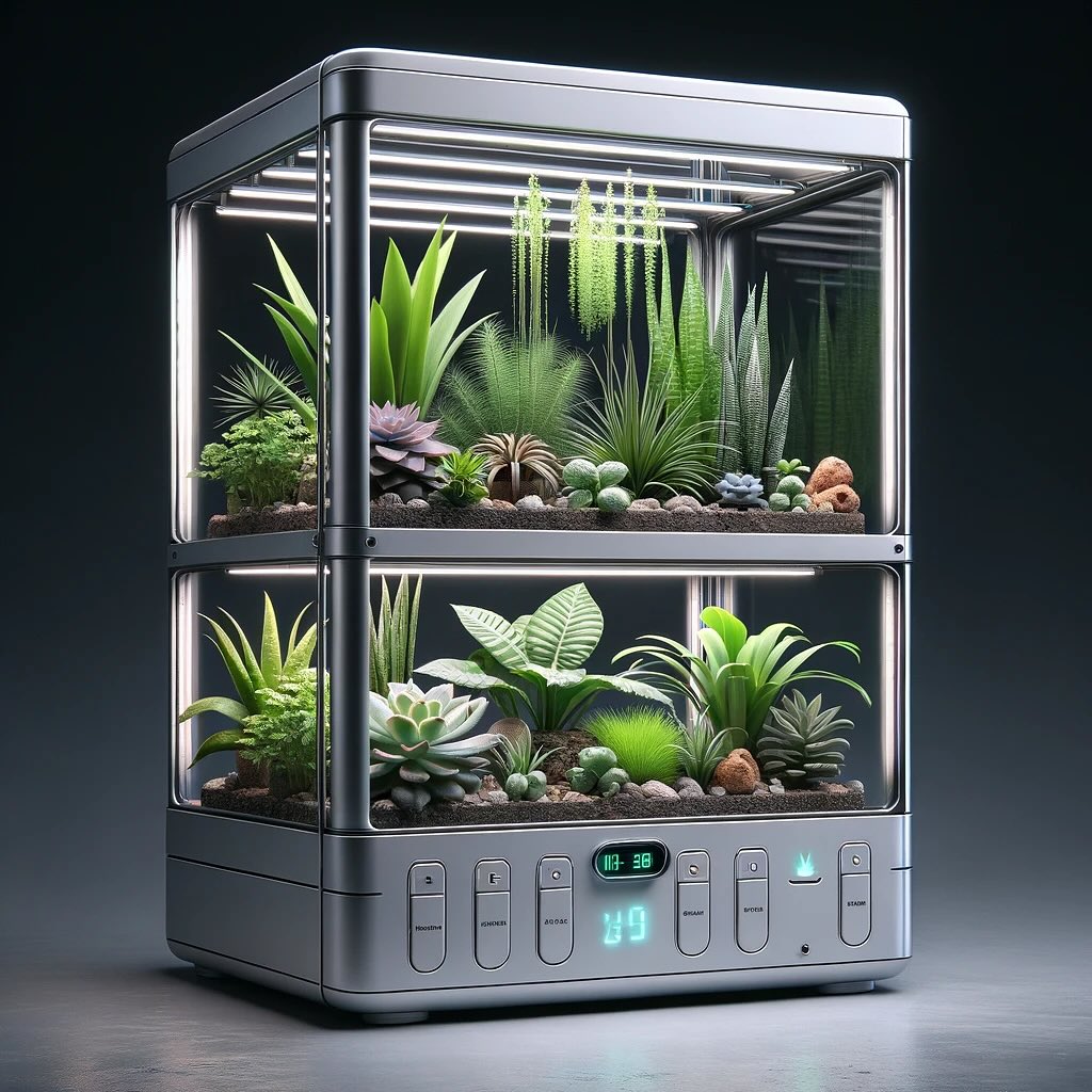 Double-decker automated terrarium with LED lights and various plants.