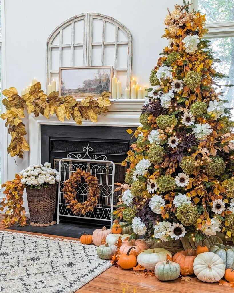 Lavishly decorated autumn fireplace with floral tree