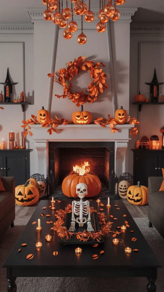 Halloween-themed living room with pumpkins fireplace and skeleton