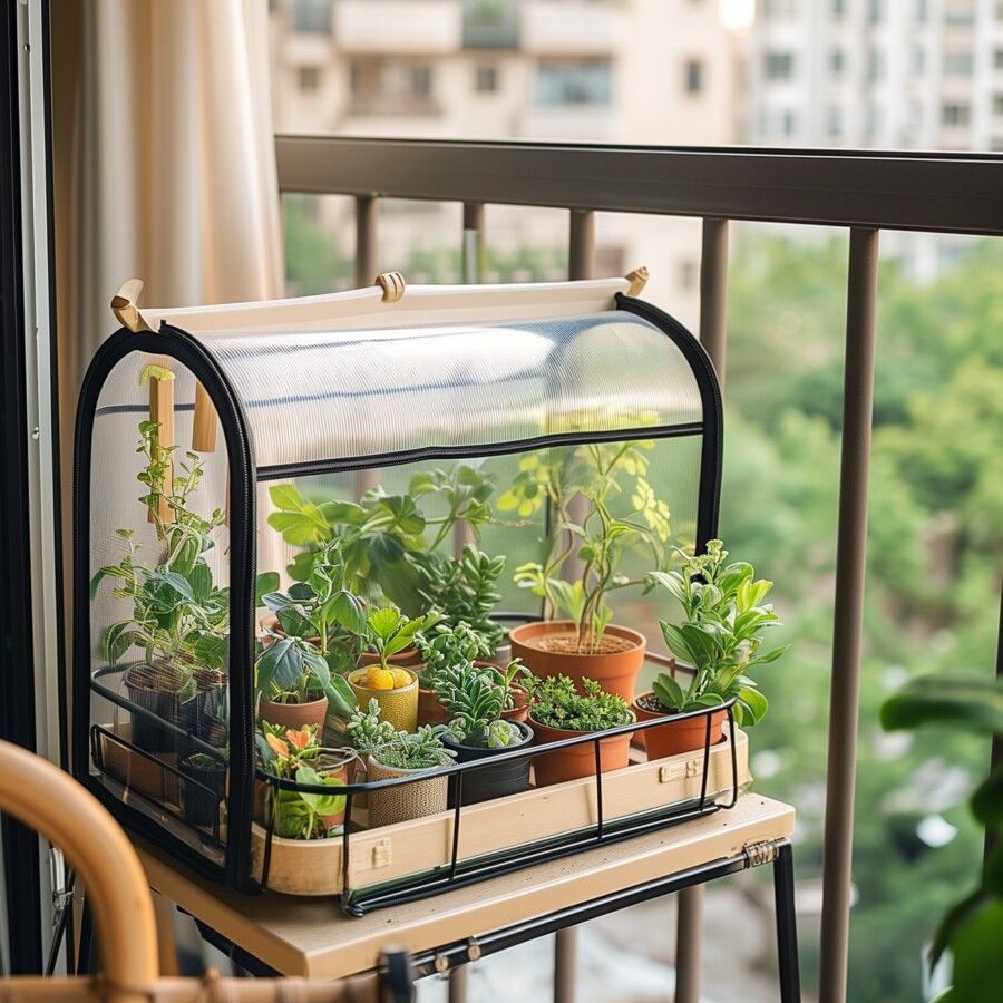 Compact dome greenhouse filled with plants on apartment balcony