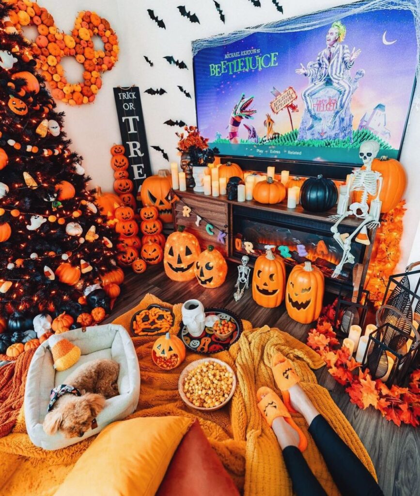 Halloween room with Beetlejuice movie and decorations