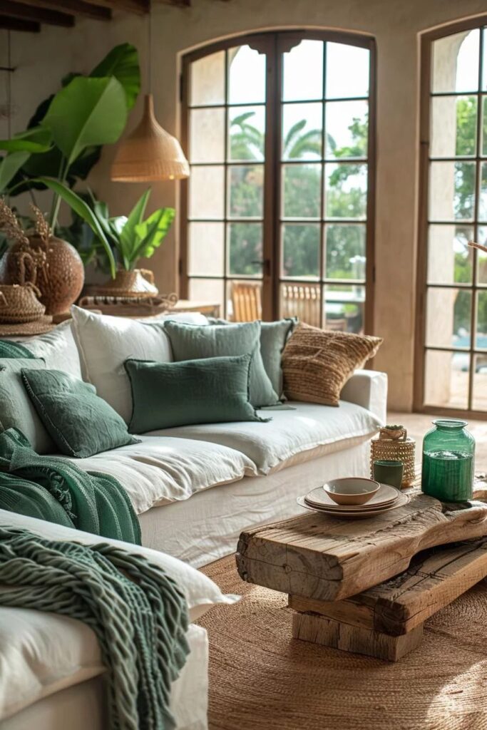 Cozy green-white living room with rustic accents overlooking tropical garden.