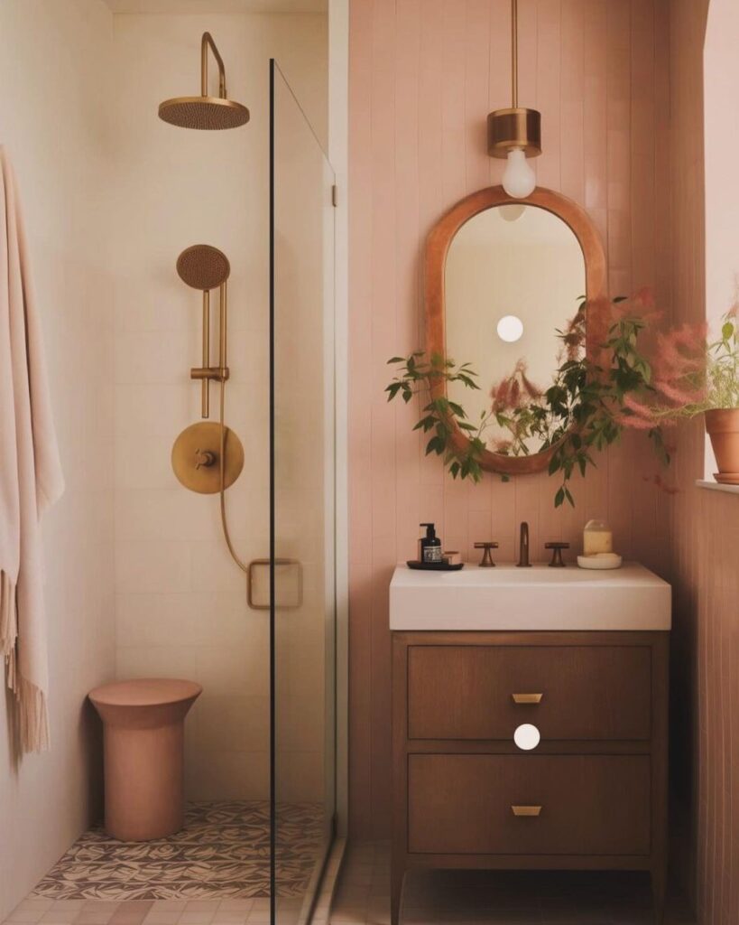 Pink bathroom with brass fixtures, arched mirror, and glass shower.