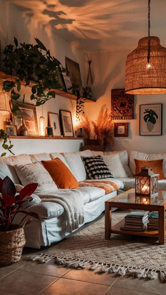 Warm bohemian living room with textured decor.