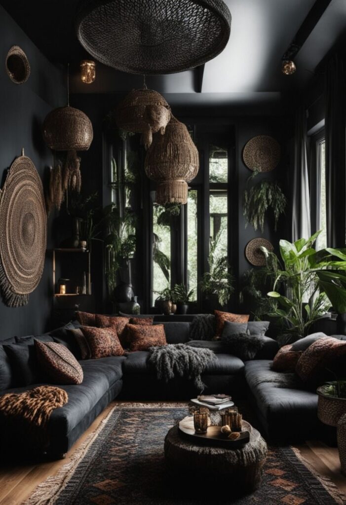 Dark bohemian living room with plants and woven lights