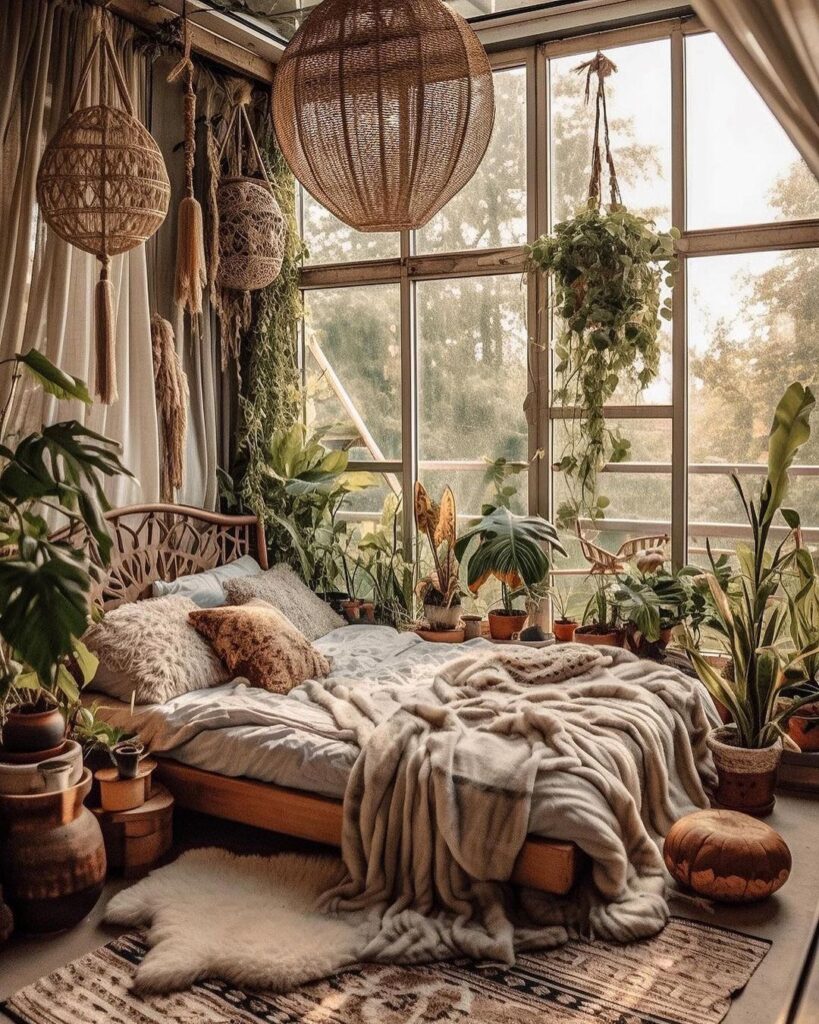 Bohemian bedroom with plants, woven decor, and large windows overlooking nature.