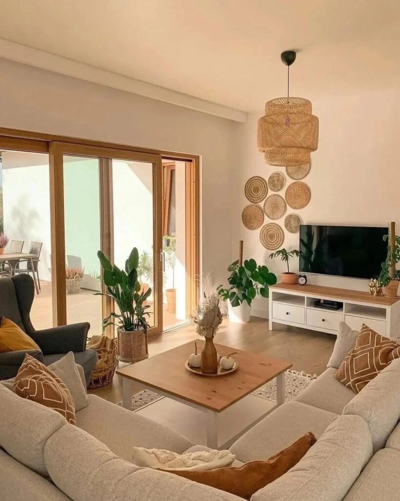 Cozy bohemian living room with natural decor, sectional sofa, and bright patio access.