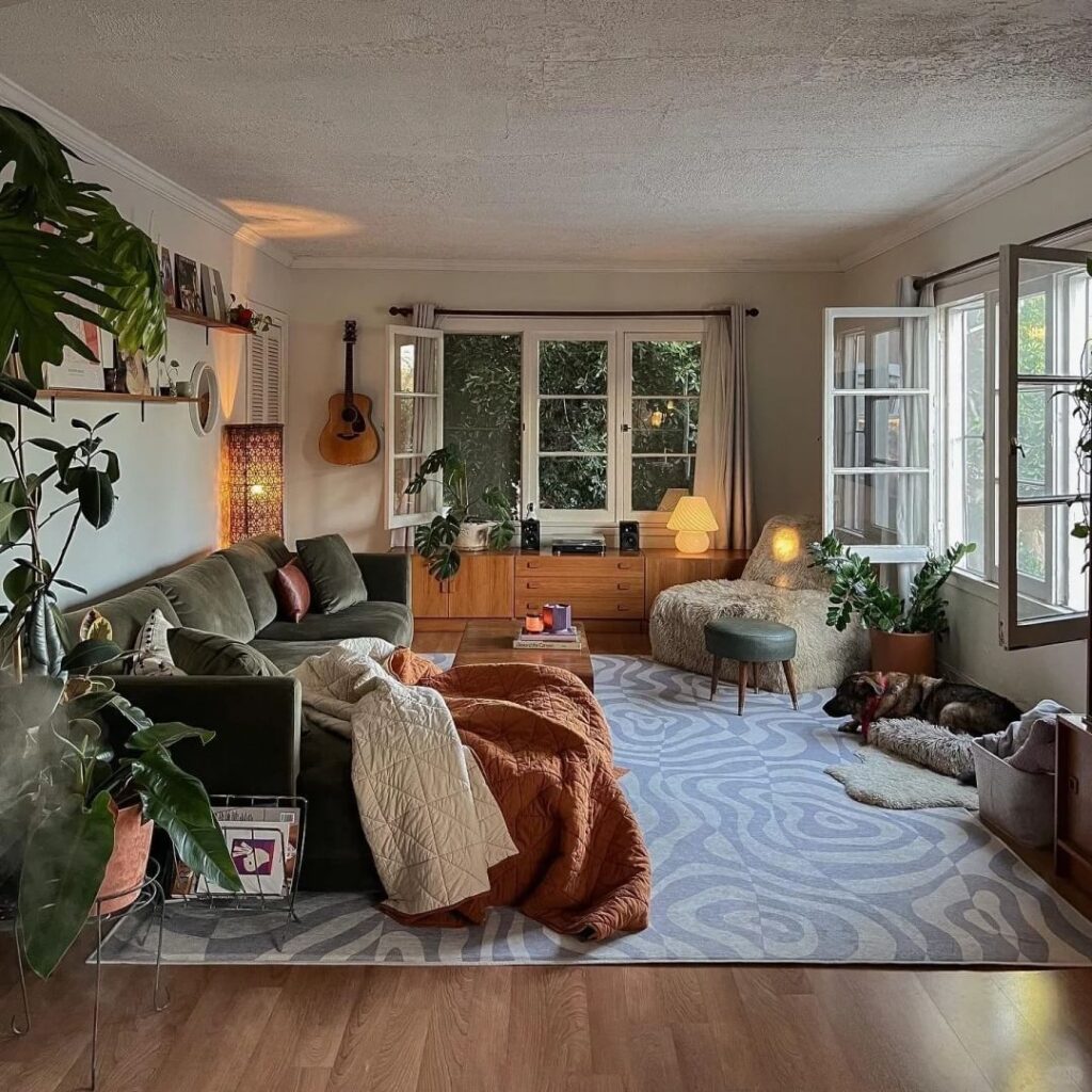 Cozy mid-century living room with green sofa plants and warm lighting