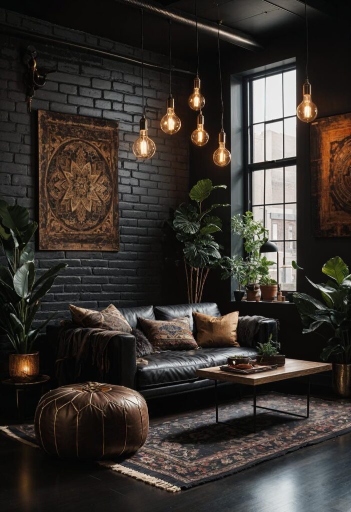 Dark bohemian living room with exposed brick and plants